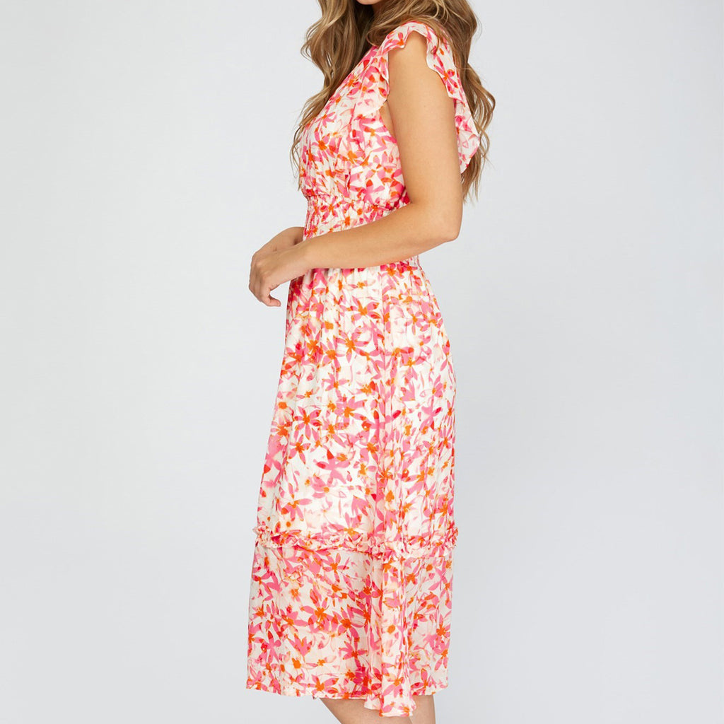 she and sky floral dress New SHE + SKY Cream floral Yellow Stripe Trim Size Small Short Sleeve Dress