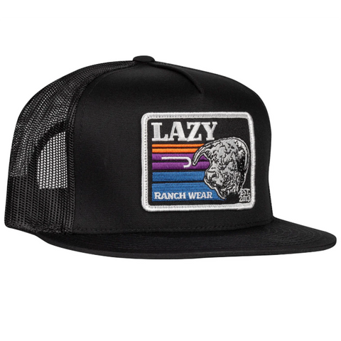 black five panel trucker with retro lazy j ranch sunset patch.