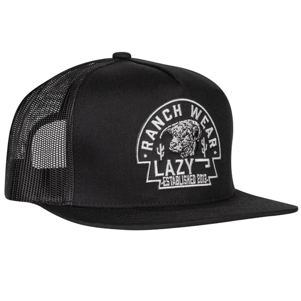 black five panel trucker hat with lazy j ranch arrowhead patch.
