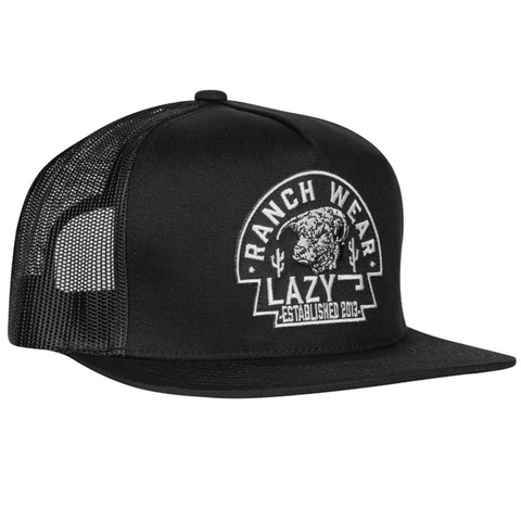 black five panel trucker hat with lazy j ranch arrowhead patch.