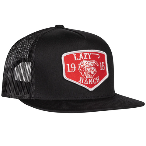 black five panel trucker hat with red lazy j ranch patch.