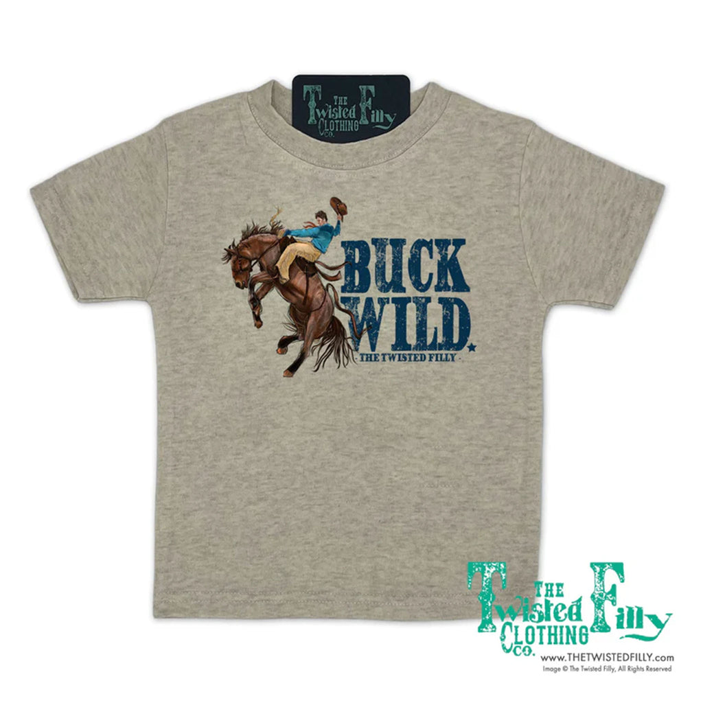 Flat lay of oatmeal colored kids t shirt. 