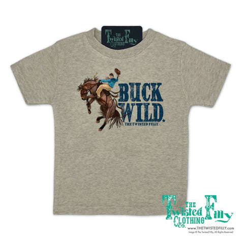 Flat lay of oatmeal colored kids t shirt. 