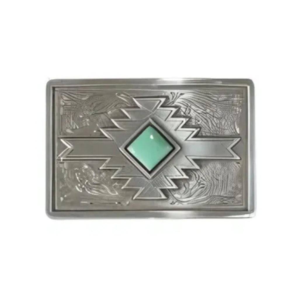 Southwest Turquoise Diamond Stone Buckle with turquoise centerpiece and floral engraving detail on white background.