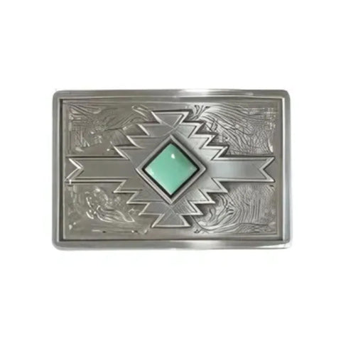 Southwest Turquoise Diamond Stone Buckle with turquoise centerpiece and floral engraving detail on white background.
