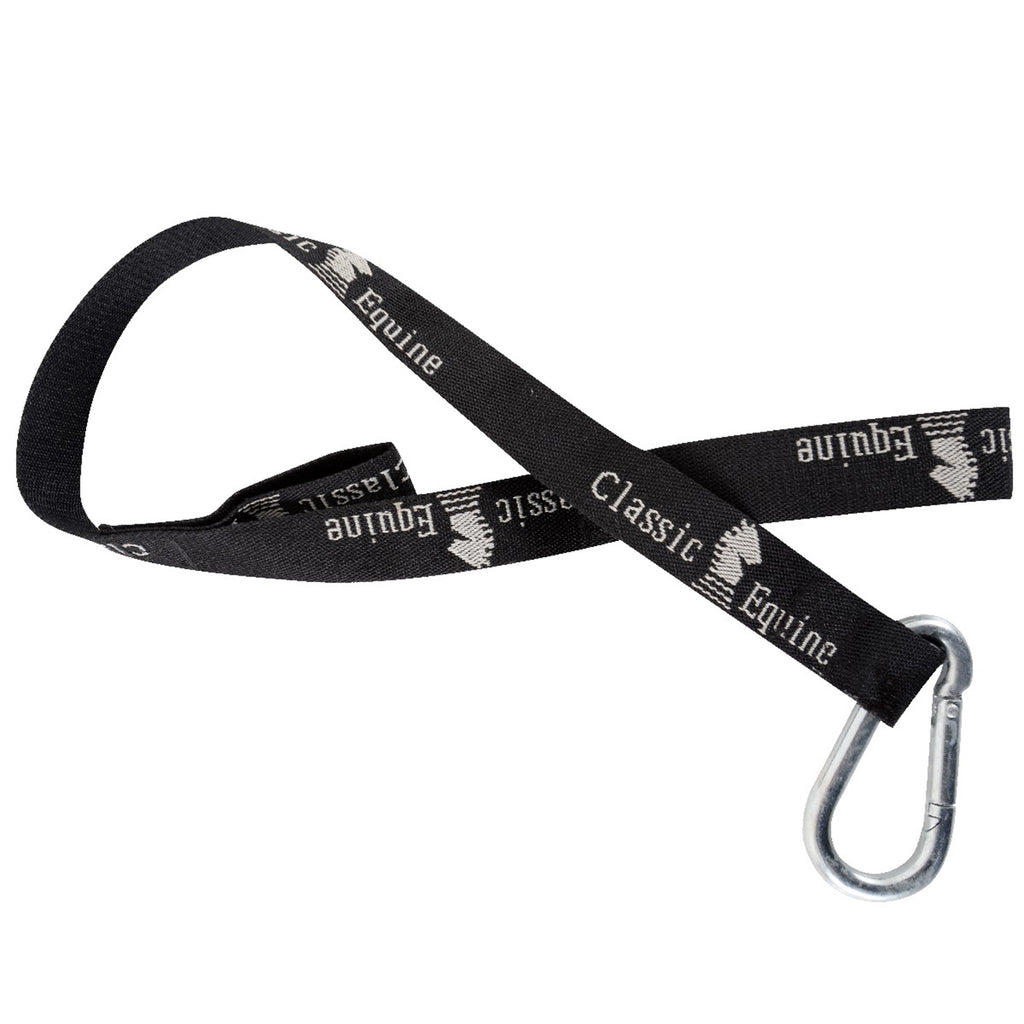 Flat lay view of black bucket strap. 