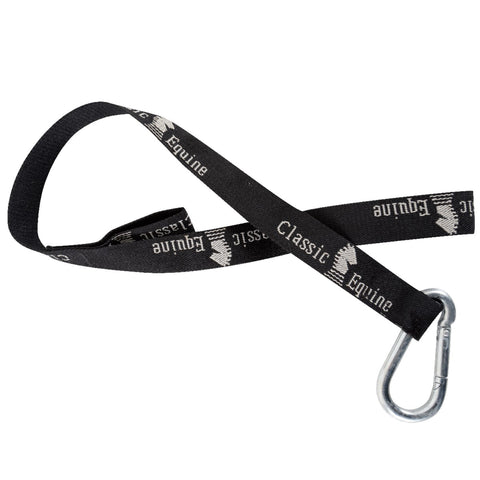 Flat lay view of black bucket strap. 