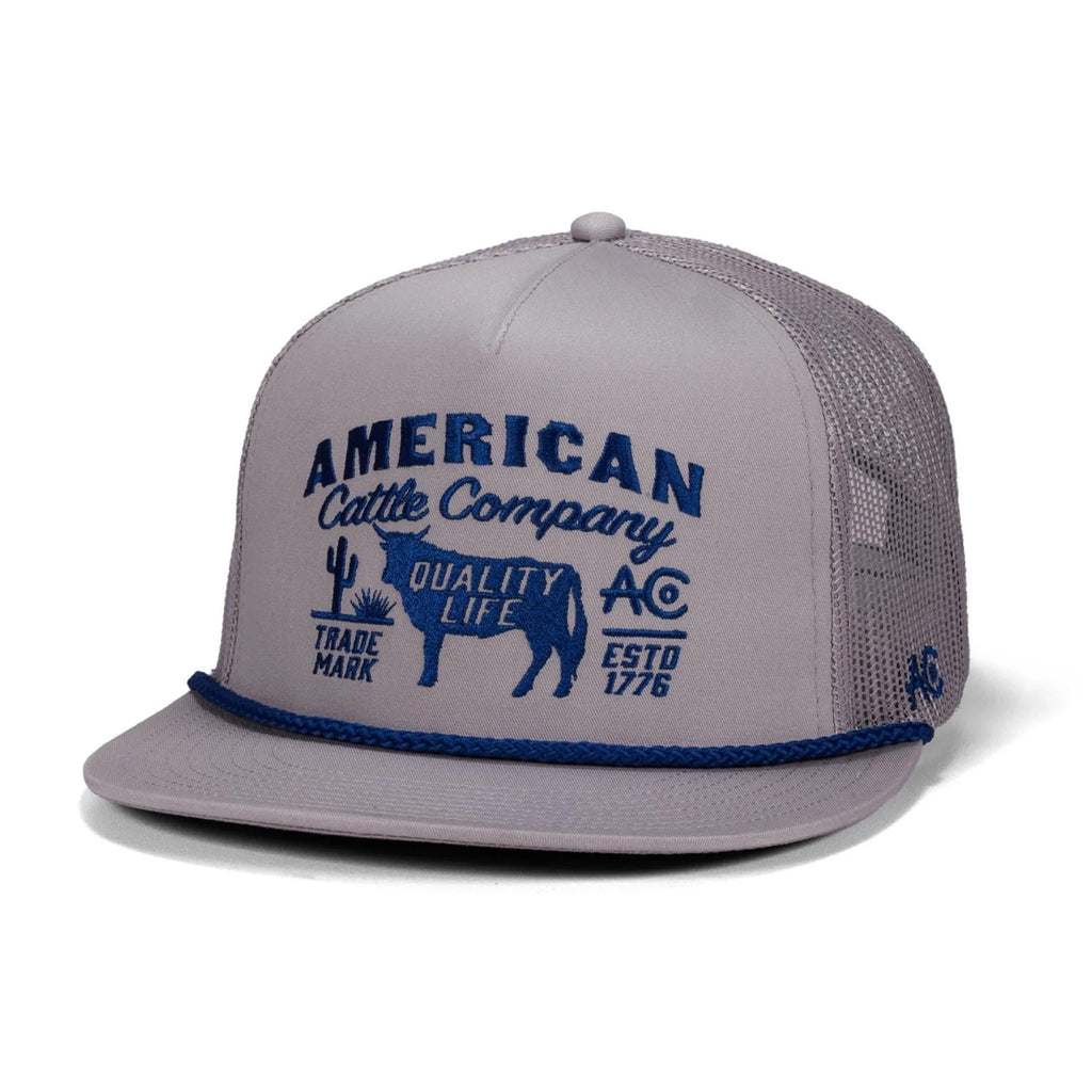 Gray and navy bull crest cap on a white background, showing the structured front panels and bold Western bull logo.