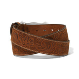 Brown floral tooled leather belt with longhorn buckle Back View