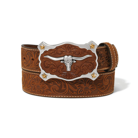 Brown floral tooled leather belt with longhorn buckle Front View