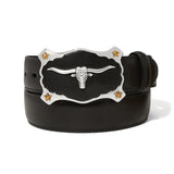 Black latigo leather belt with engraved longhorn buckle