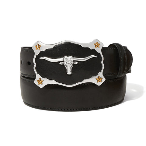 Black latigo leather belt with engraved longhorn buckle