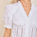 Close‑up of the White Romance Ruffle V‑neck Puff Sleeve Blouse on a model.