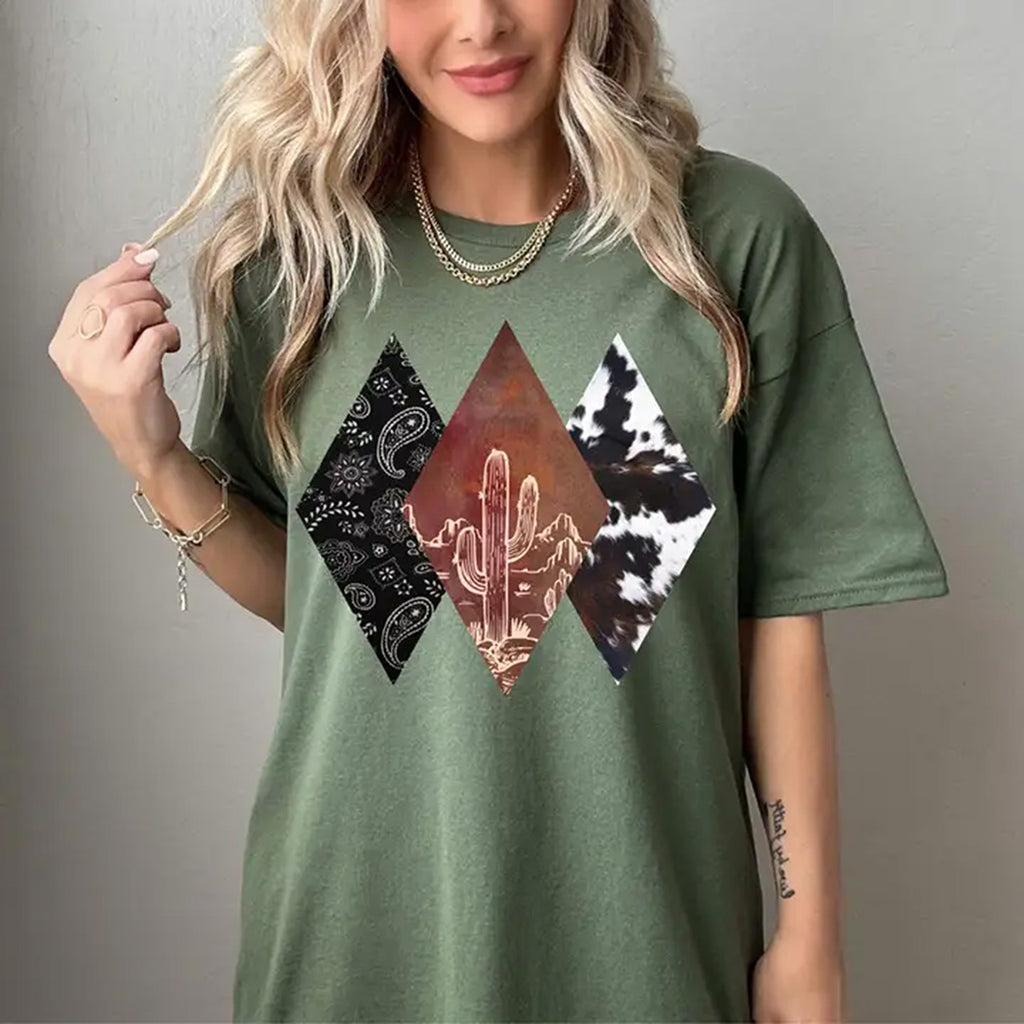 Olive T-shirt with Paisley Diamond Cactus Cowhide Graphics