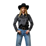 Front View of Black Satin Pearl Button Up Snaps