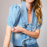Women's Denim Collar Tie Front Short Sleeve