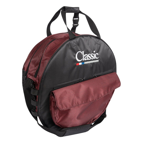 Side/front side view of black and maroon rope bag. 