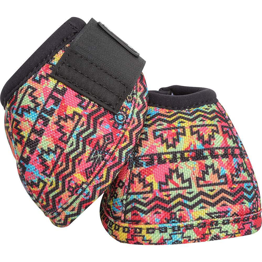 Classic Equine Confetti Bell Boot. Rainbow confetti background with black aztec design.