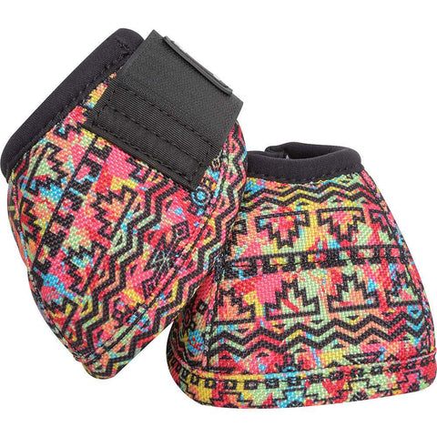 Classic Equine Confetti Bell Boot. Rainbow confetti background with black aztec design.