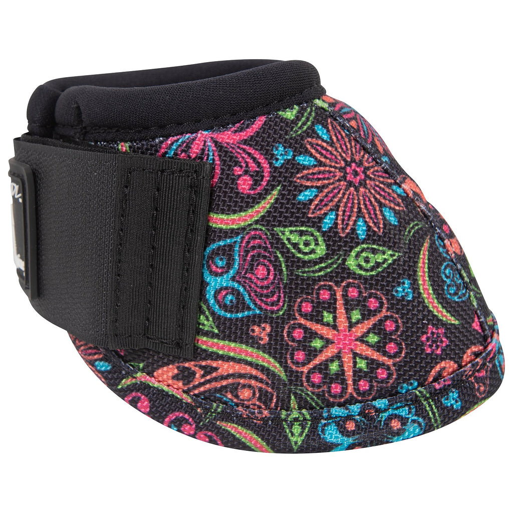 Black DyNo turn bell boots with multi neon color flower design with a white background.