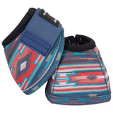 Pair of blue, red, and cream Peublo aztec print DyNo turn bell boots on a white background.