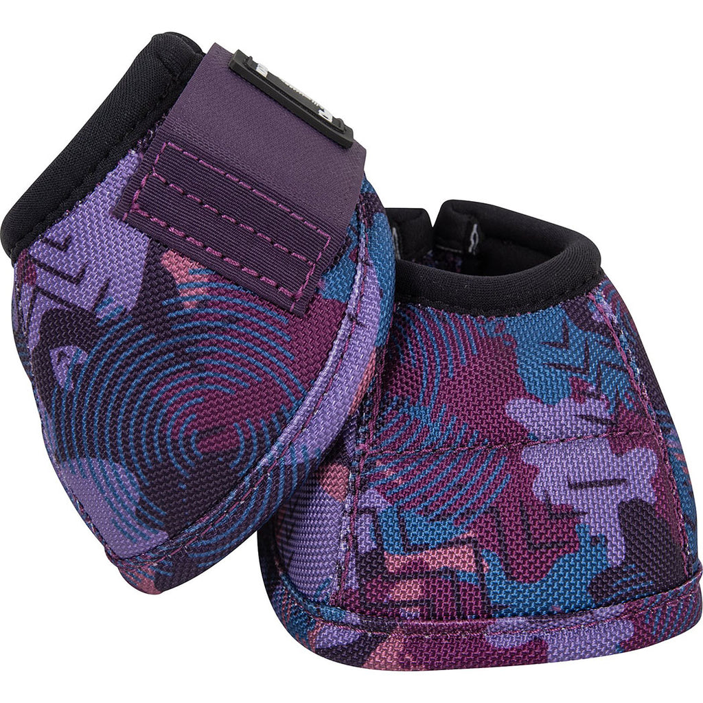 Pair of purple and blue camo patterned protective bell boots on a white background