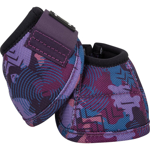 Pair of purple and blue camo patterned protective bell boots on a white background