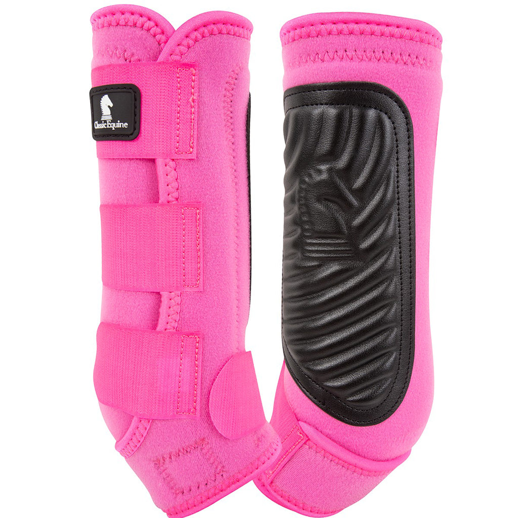 Front and back side view of hot pink hind boots. 