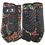 Set of 4 black support boots with neon flower design on a white background.