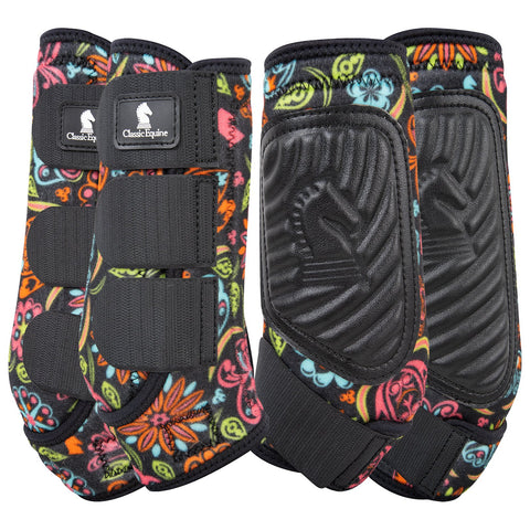 Set of 4 black support boots with neon flower design on a white background.