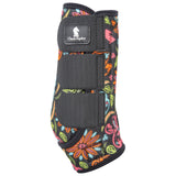 Side of black support boot with neon flower design on white background.