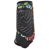 Side of black protective boots with neon flower design and black padding. 