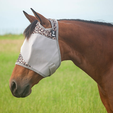 Horse wearing medium leopard fly mask. 