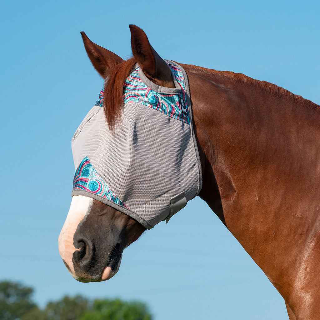 Horse wearing large breeze fly mask.