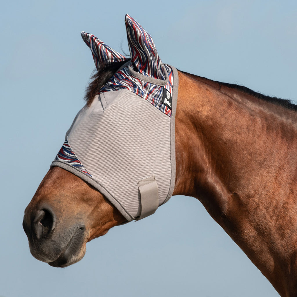 Horse wearing large American wave fly mask with ears.