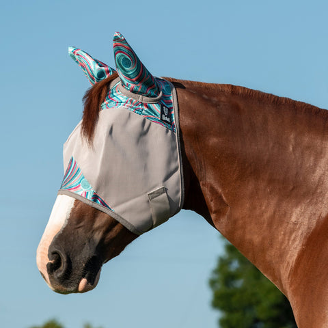 Horse wearing breeze fly mask.
