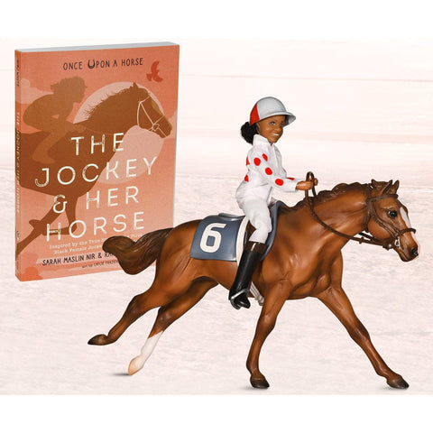 The Jockey and Her Horse book cover and toy jockey and horse in front. 
