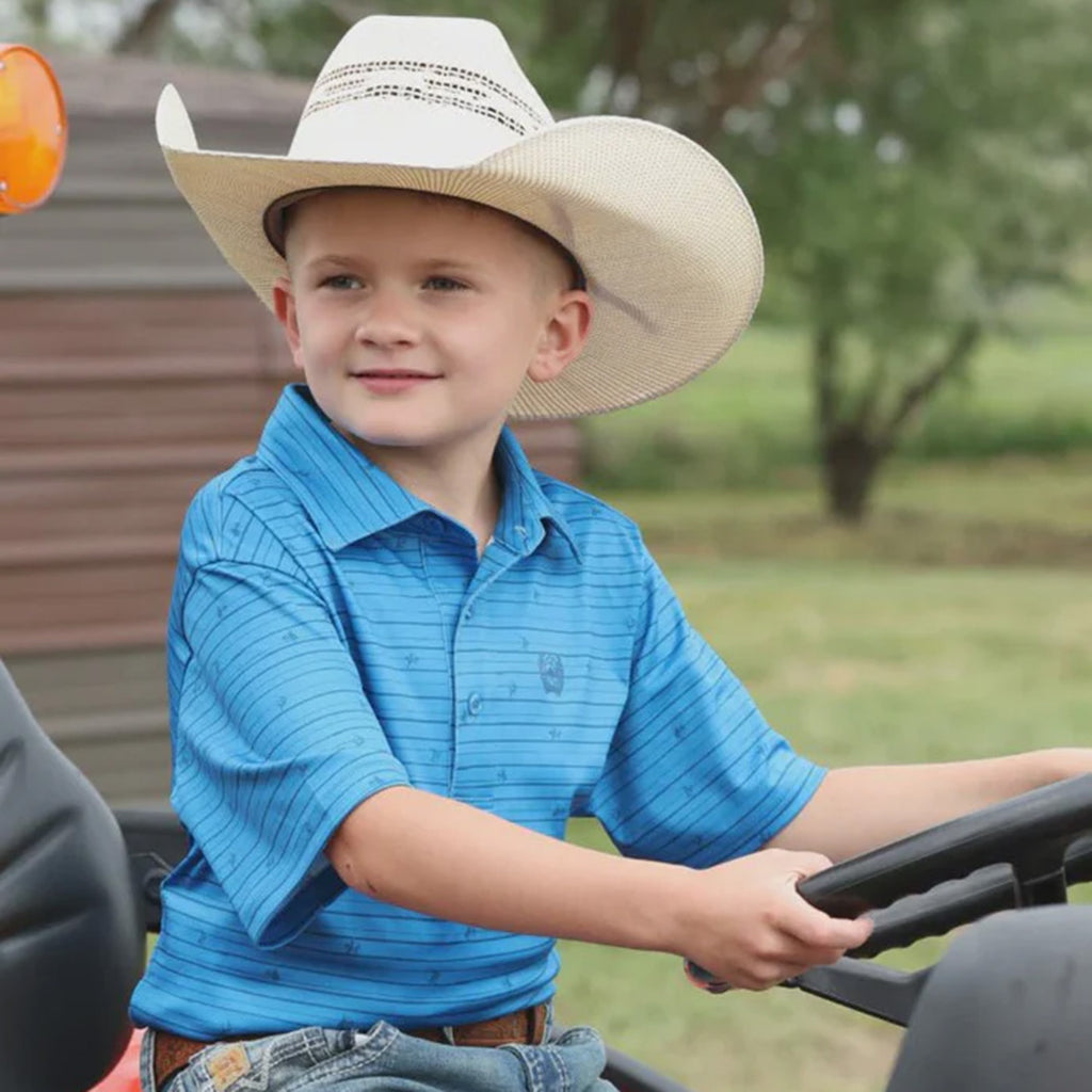 Boy on a Tractor in a Cowboy Hat Wearing a Cinch Boys Blue Bucking Horse Striped Polo