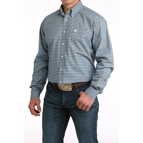 Blue and white plain long sleeve button down shirt with single open chest pocket.