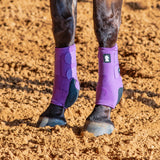 Violet front legacy2 support boots on a horse standing in dirt.