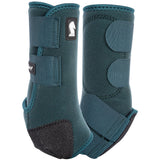 Pair of teal protective horse boots on a white background