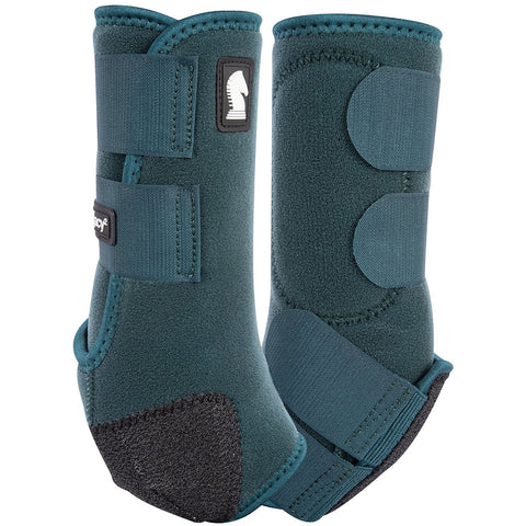 Pair of teal protective horse boots on a white background