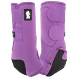 Pair of violet legacy2 hind boots with black accents on white back ground.