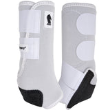 Pair of white hind legacy 2 splint boots with black accents.