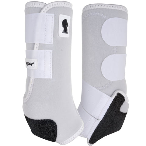 Pair of white hind legacy 2 splint boots with black accents.