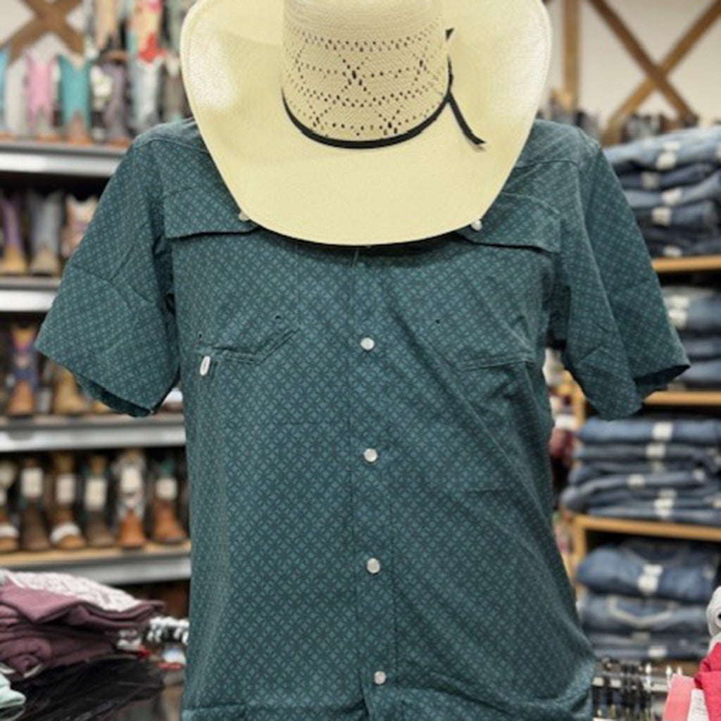 Green geometric print short sleeve shirt with snaps