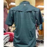 Back Side  of Green geometric print short sleeve shirt with cape for airflow