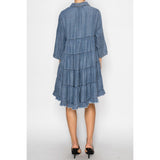 Back view of model wearing the SW Chambray Flowy Dress.