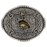Silver buckle with aztec bucking horse