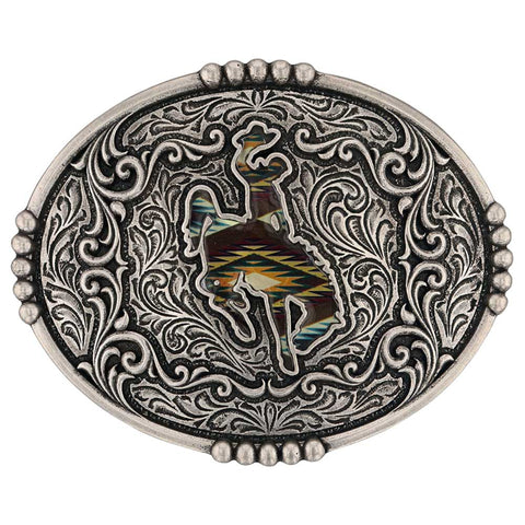 Silver buckle with aztec bucking horse